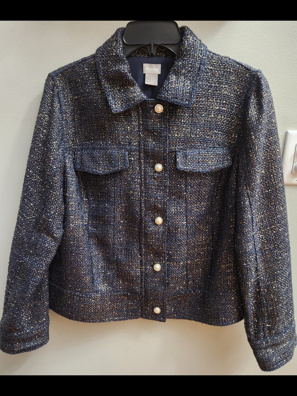 Chico's Size 2 Navy Blue Gold Tweed Zip Up Jacket with Pearl Buttons